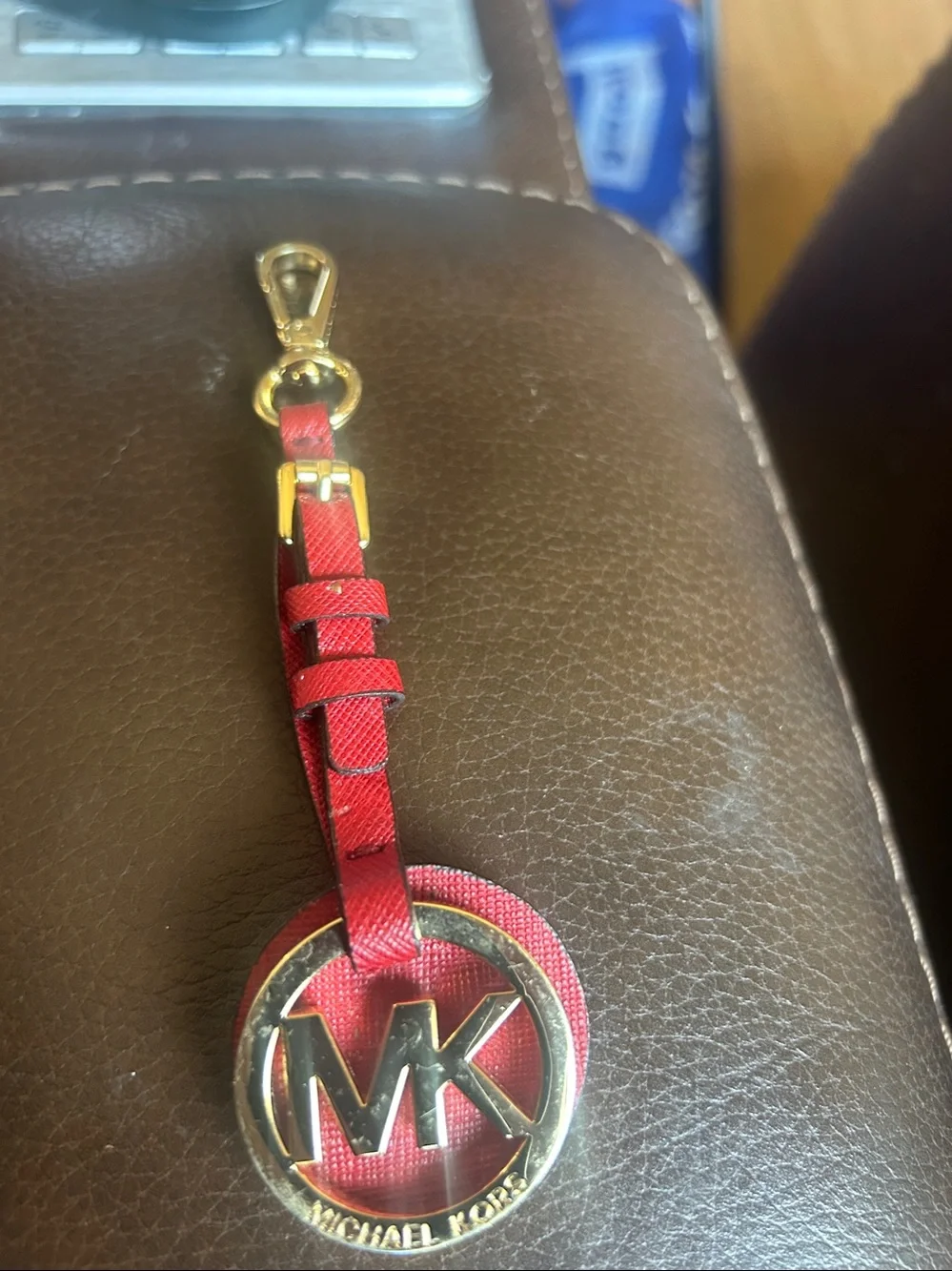 Michael Kors Red Leather MK Logo Keyring with Gold Hardware